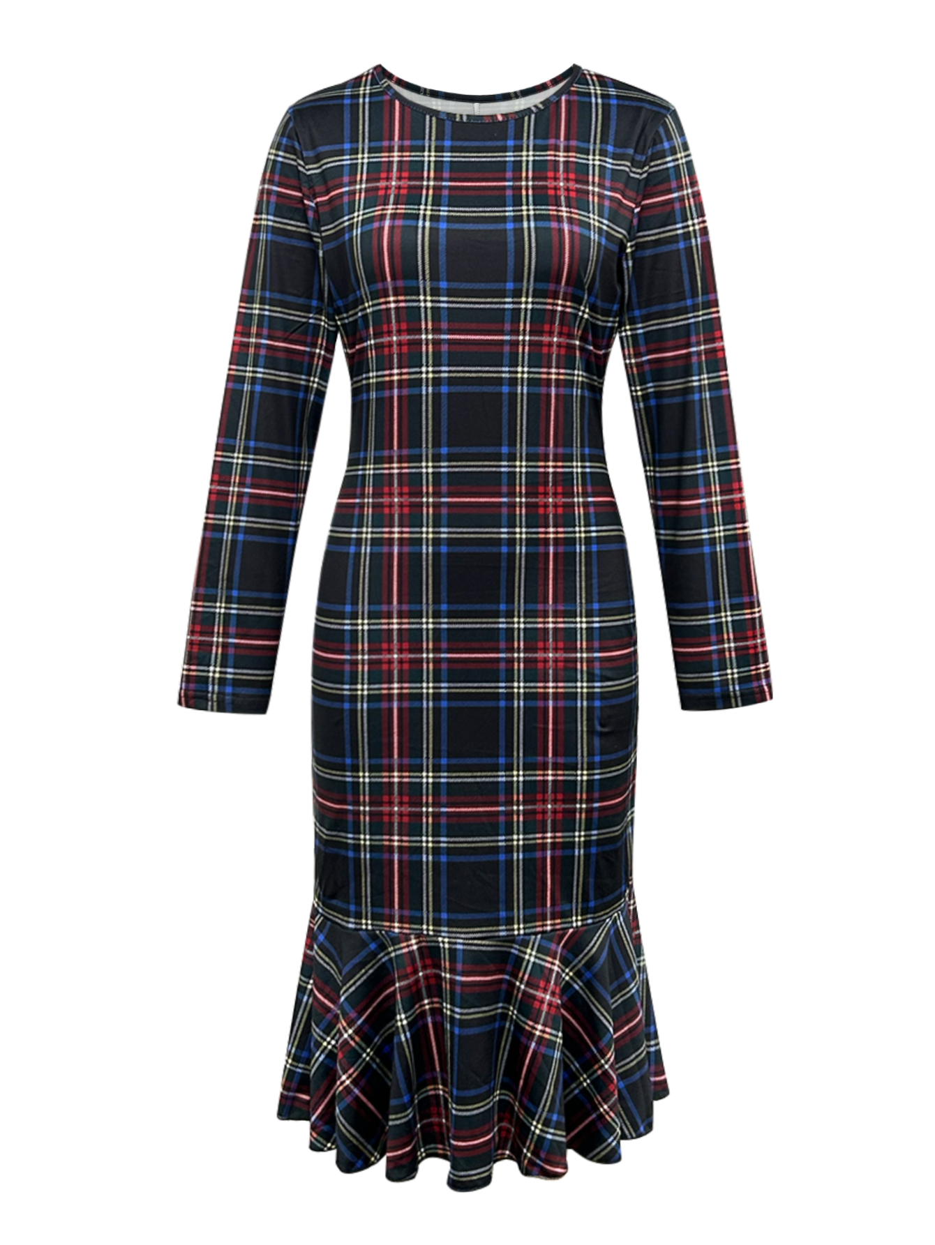 Women's Autumn & Winter Plaid Printed Long Sleeve Mermaid Dress, Elegant Commute & Casual Slim - Fitting Milk Silk Dress-CF56390