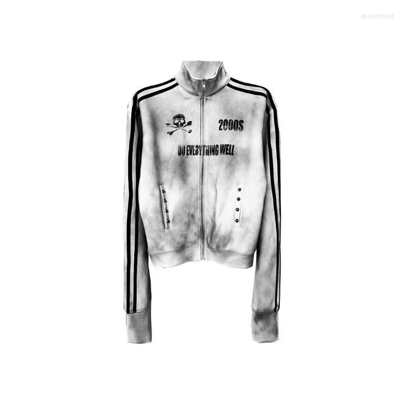Designer Men's Jackets Goth Harajuku Skull Letter Print Striped Long Sleeve Oversized Retro Dark Style Men Y2k Skateboard Basketball Sport Pants 