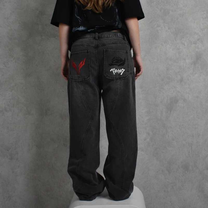 Berserk jeans fashionable Y2K baggy men pants American style distressed washed streetwear Harajuku Gothic embroidery floor pants Z250605
