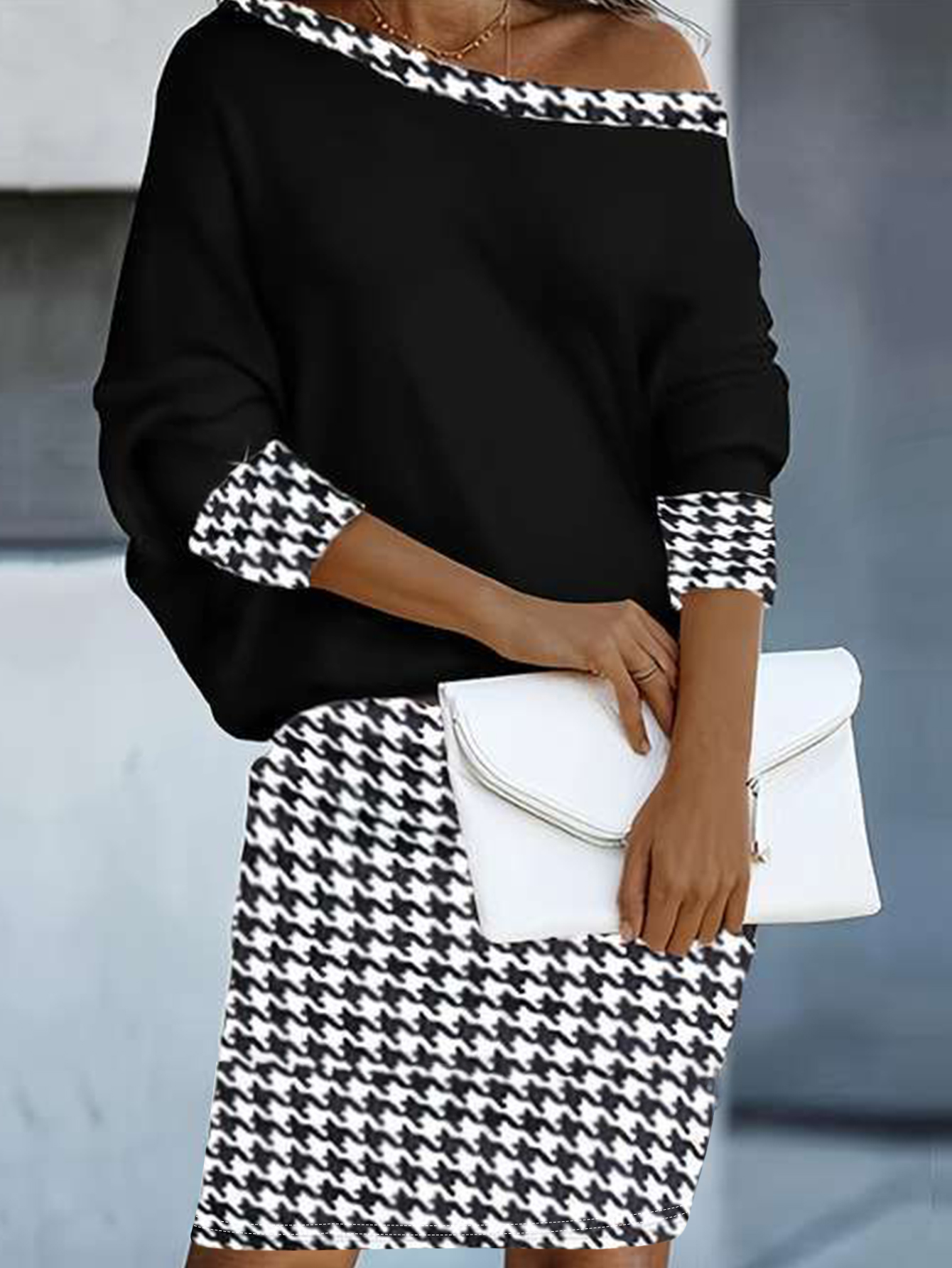 Women's Autumn & Winter New Houndstooth Print Off - Shoulder Dress, Fashion Commute Milk Silk Midi Dress-CF55167