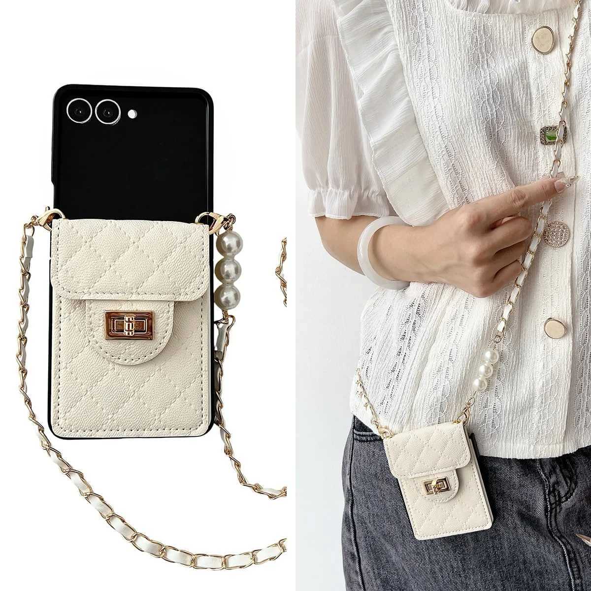 For Women Luxurious Fragrant Pearl Crossbody Card Holder Wallet Phone Case for Galaxy Z Flip 7 6 5 4 3 Shockproof Cover J251114