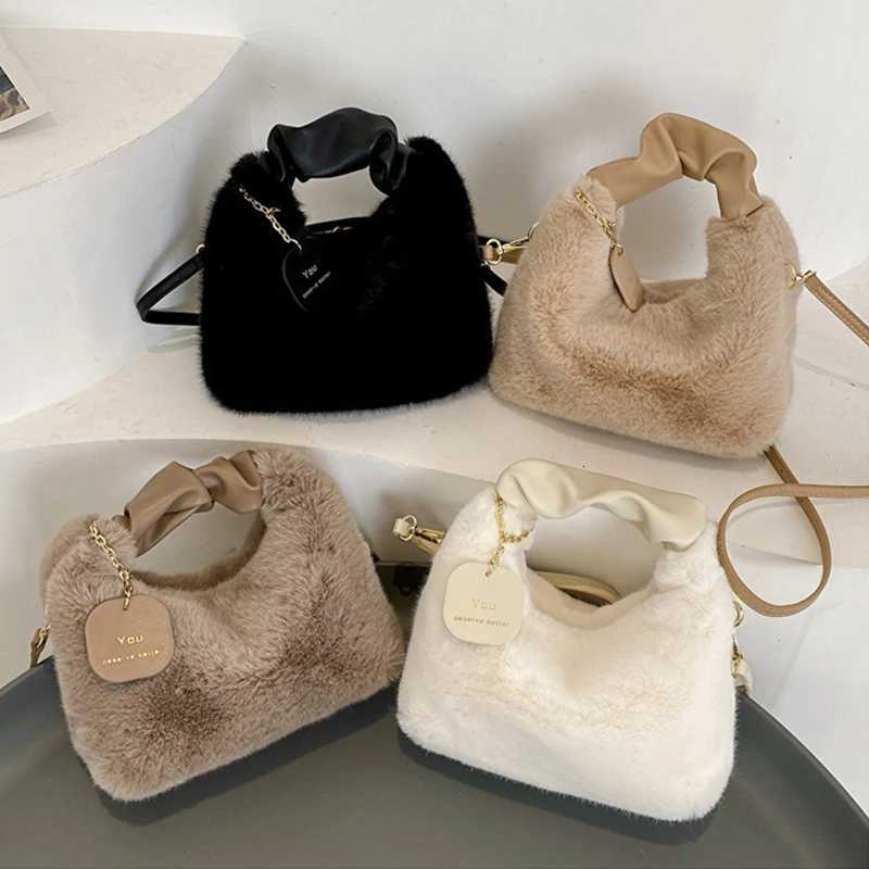 Cute Faux Fur Plush Handbags Ruched Handle Small Lady Shoulder Crossbody Bag Casual Tote HalfMoon Hobos Winter Bags for WomenT251020