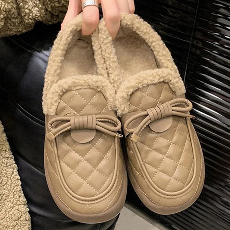 Pu Leather Snow Boots for Women Winter Korean Bowknot Detor Plush Booties for Woman Non Slip Keep Warm Snow Boots Lady 251013