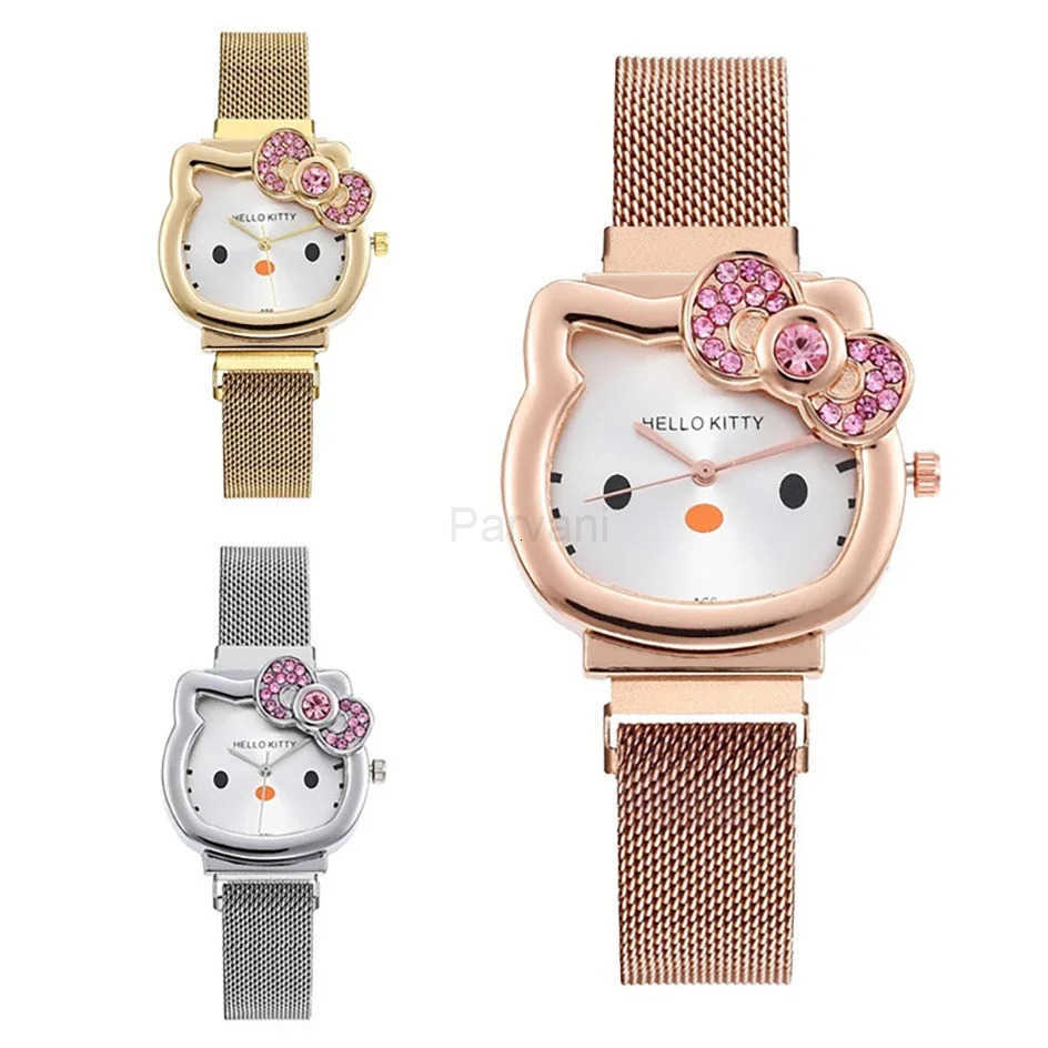 Sanrio Kawaii Hello Kitty Watch Metal Vintage Diamond Bow Ladies Watch Kawaii Girl Birthday Cartoon Anime Student Magnet Strap Gifts L251020