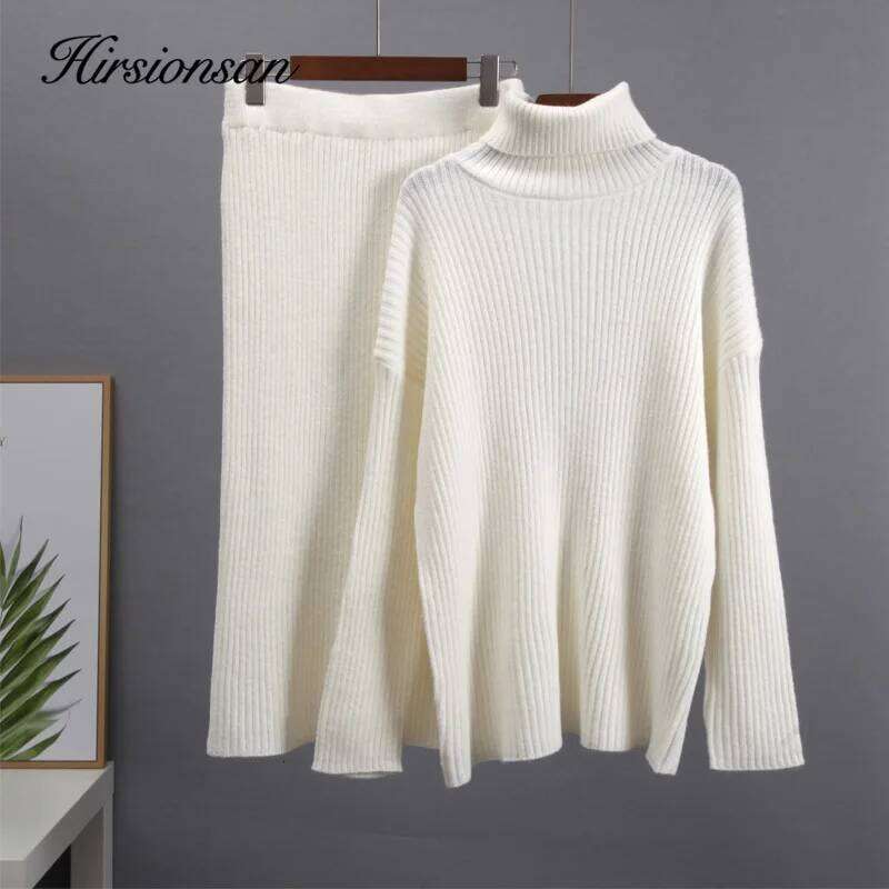 Hirsionsan Elegant Knitted Sets Women New Casual Two Pieces Turtle Neck Sweater And Midi Female Warm Suits With Skirt 251020 251020