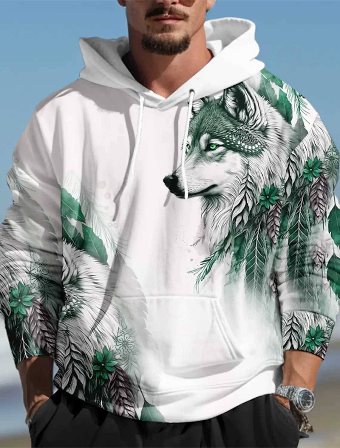 Wolf Graphic Mens 3D Print Pullover Streetwear Hoodies Dark Green Long Sleeve Hooded Spring Fall Designer Top W251020