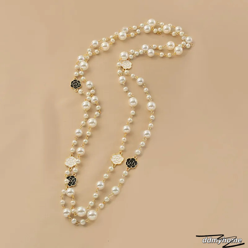 Elegant Long Necklace With Camellia Flower And Pearl Accents - Double Layer Fashion Jewelry For Women Ddmyhome