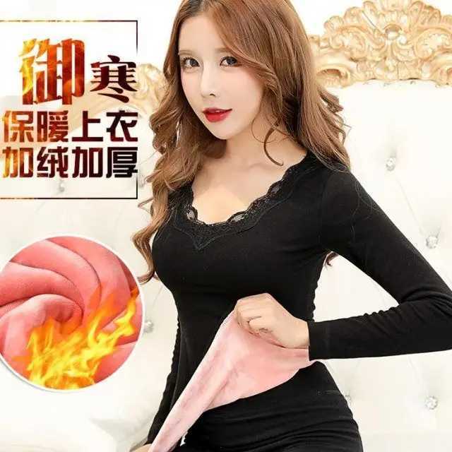 Ladies lace Vneck thermal underwear women thickened plus velvet winter coldproof body bottoming shirt Long sleeve clothesT251020