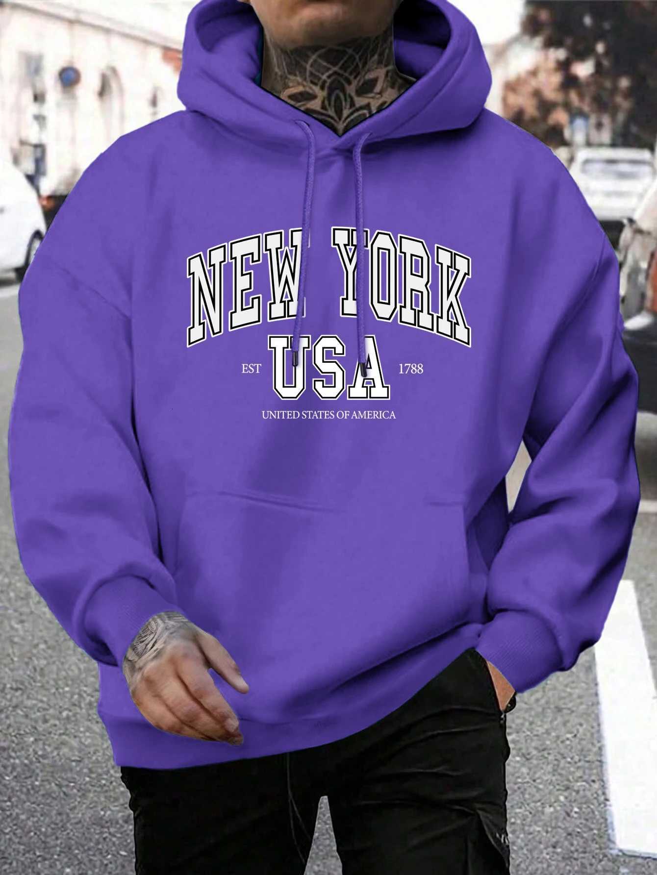 Autumn Fleece Crewneck Clothes America New York City Print Male Hoody Fashion Loose Hoodies Casual Warm Hooded Men W251020
