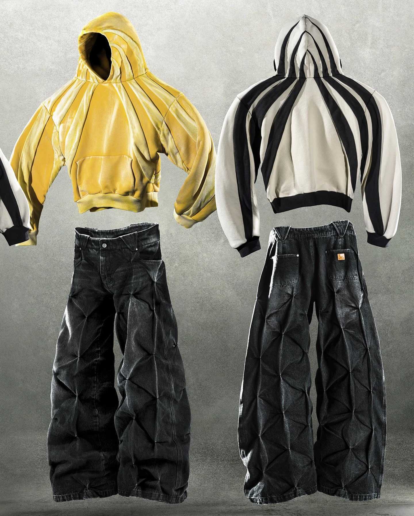 2025 New Fashion Stripe Patch Yellow Hoodie Harajuku Hip Hop Embroidery Long Sleeve Coats Loose Hooded Sweatshirt Men Pullover W251020