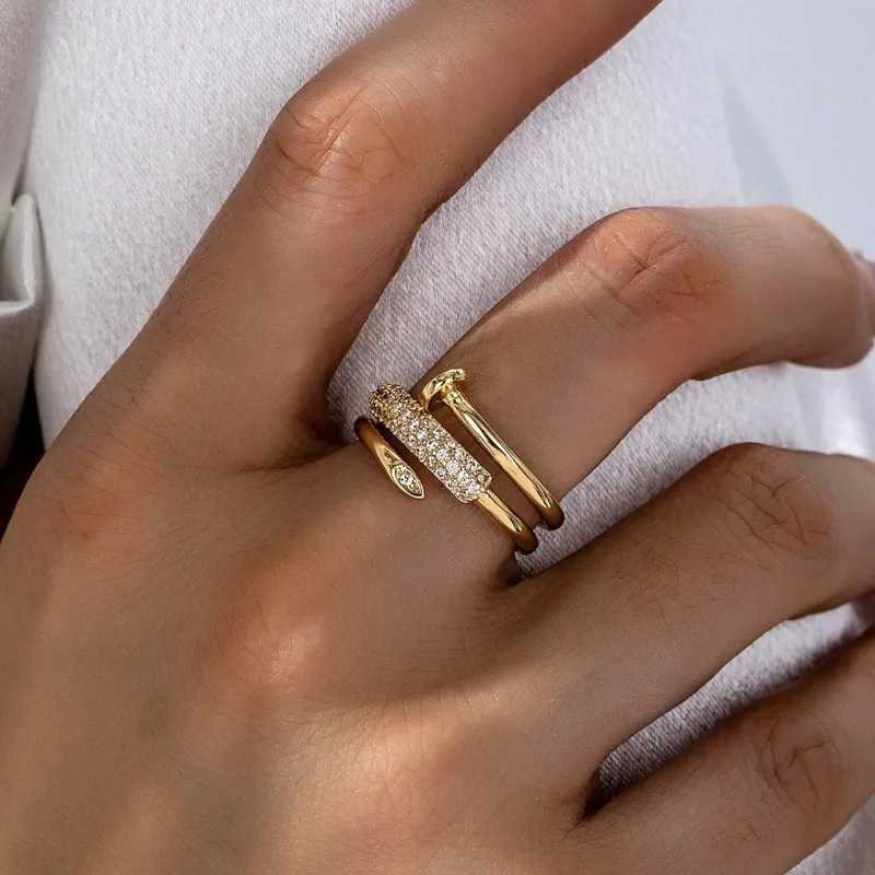 Micro inlaid zircon three circle nail opening ring personalized light luxury ring for women light luxury jewelry J251020