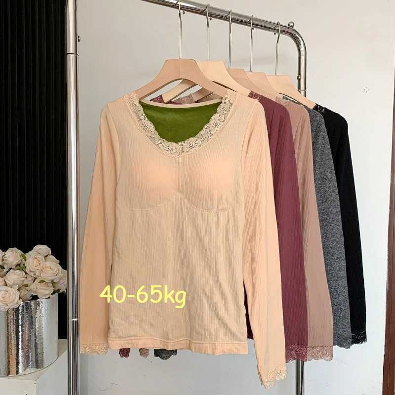 Women Winter Thermal Longsleeved Tshirt Splicing Lace Vcollar with Chest Pad Slim Warm Fleece Thickening Top Base Layer ShirtT251020