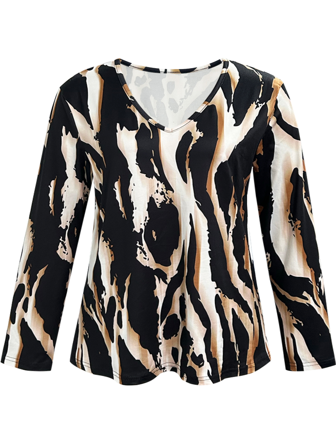 Women's Autumn New All - Over Printed V - Neck Long Sleeve T - Shirt, Fashion Elegant Milk Silk Plus Size Top-YL25423