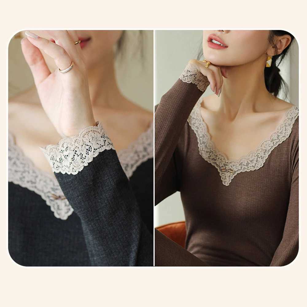 Womens Thermal Underwear Set Winter Clothes For Women Intimates Lingerie Long Johns Seamless Wool Lace Bottoming Shirt LeggingsT251020