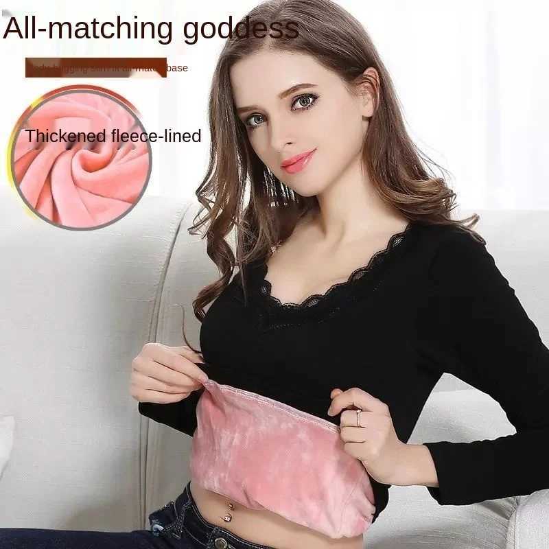 Winter Womens Thermal Underwear Fashion Slim Bodycare Sexy Lace Collar Design Fleece Inside Underwaist Female Warm Pullover TopT251020