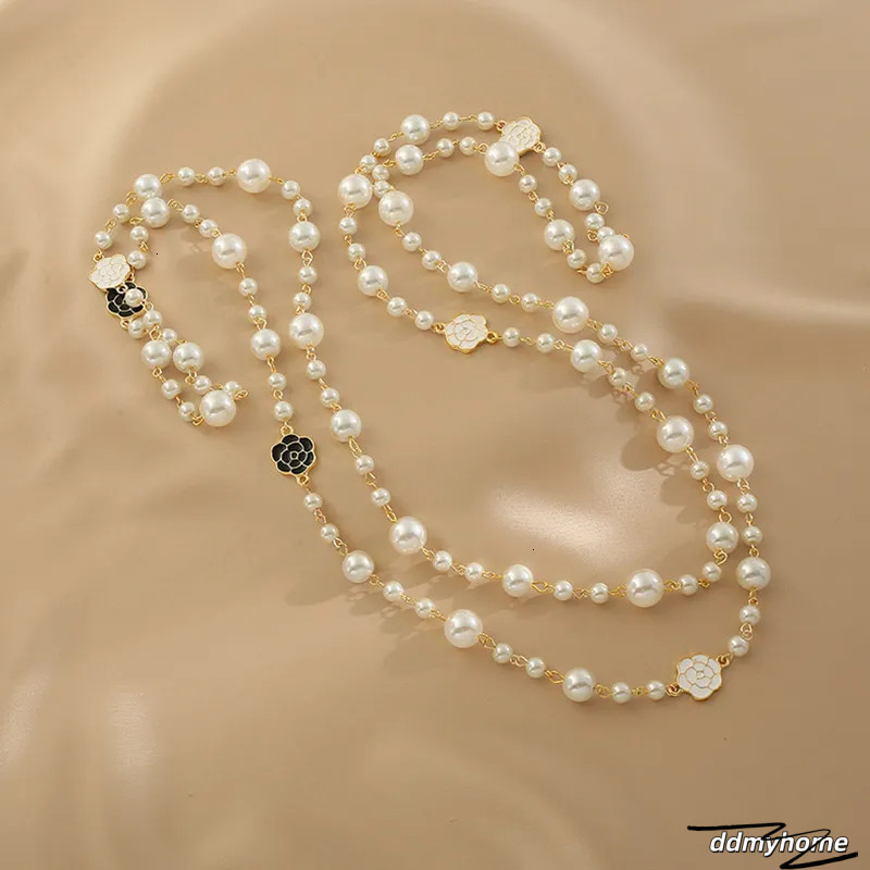 Elegant Long Necklace With Camellia Flower And Pearl Accents - Double Layer Fashion Jewelry For Women Ddmyhome