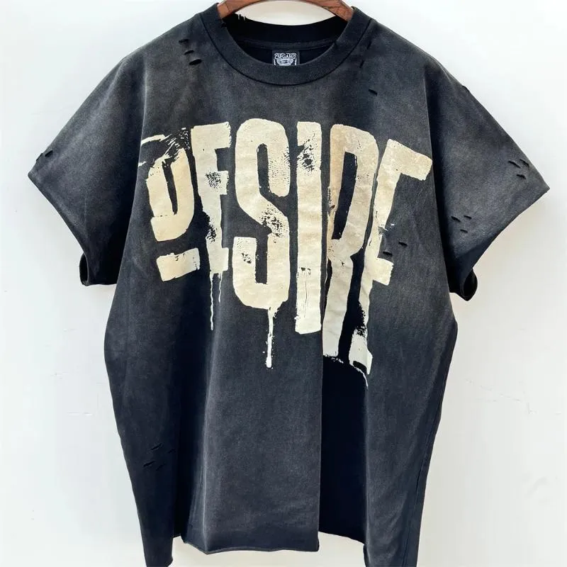 Men's T Shirts American High Street Hip-Hop Heavy Wash to Make Old Manual Destruction Direct Print Loose Casual Short-Sleeve T-shirt