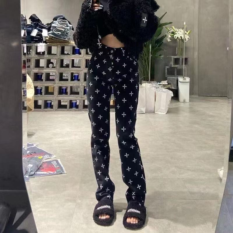 Women's High-Waisted Black Jeans with Cross Pattern - Fashionable, Loose, Slimming Straight-Leg Pants for Spring, Autumn and Winter Z260313