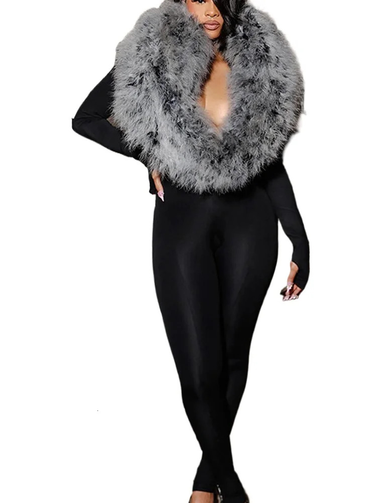 Deep VNeck Faux Fur Collar Jumpsuits Womens Rompers Autumn Fashion Ladies Long Sleeve Leggings Pants Outfits One Pieces 251020