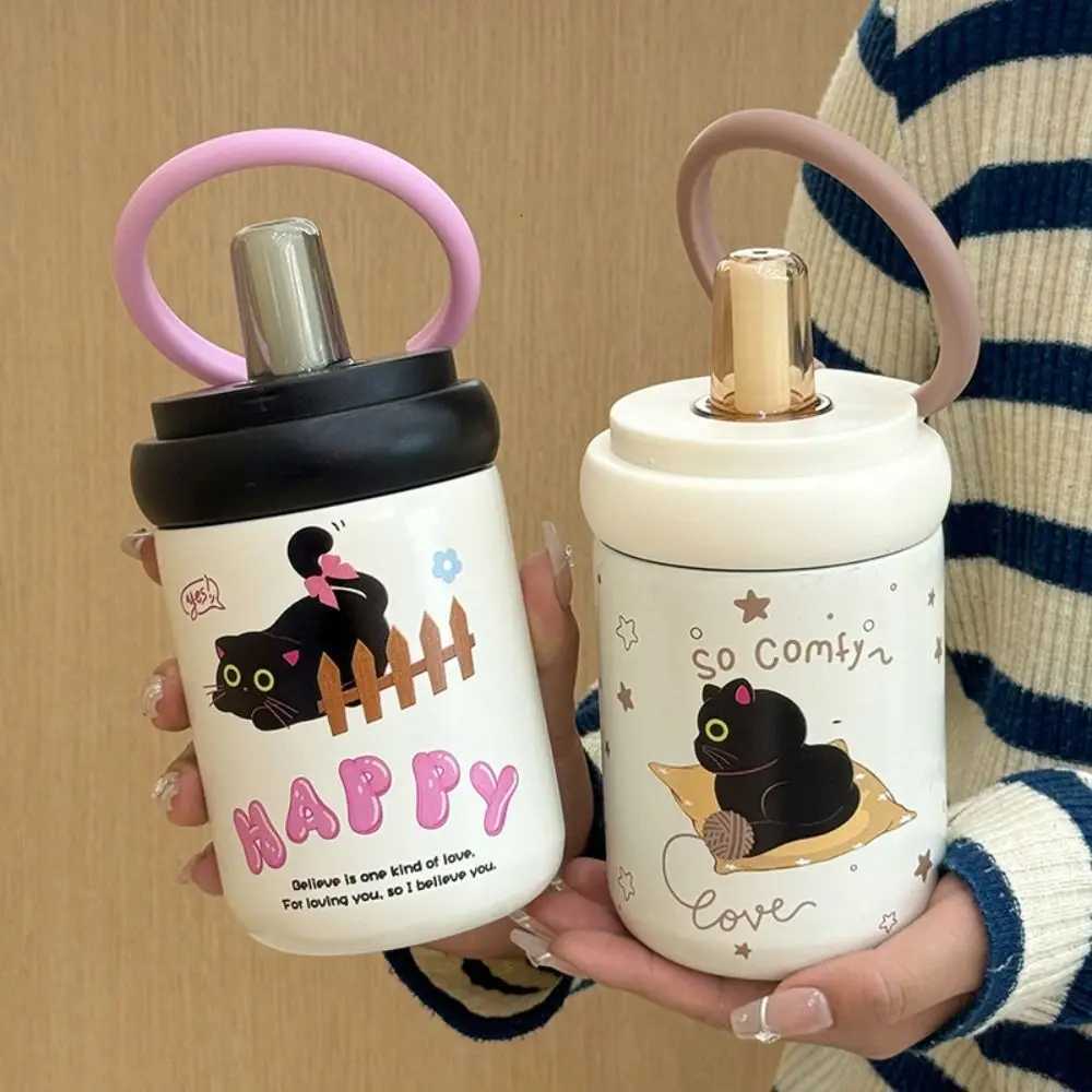 Winter 500ML Thermal Water Bottle With handle Cartoon Cat Vacuum Cup Lid Straw Portable Insated Cup for Student Thermoses Y251020