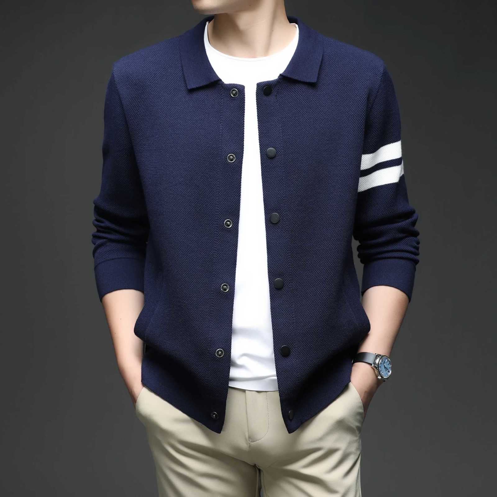 Mens knitted cardigan collar autumn and winter mens sweater fashion versatile leading sweater jacketT251103