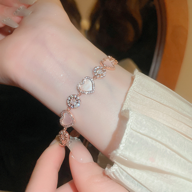 Real Plated Romantic Rose Gold Zircon Ins Style Suower Heart Bracelet Sweet Accessories New Women - view 3
