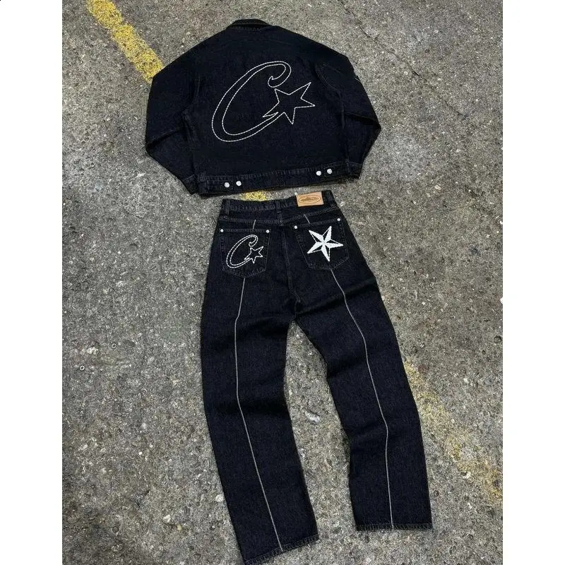 Jeans High Quality Women Men Hip Hop Casual Jackets Star Embroidered High Street Trend Clothing y2k Tops Pants Sets 251018