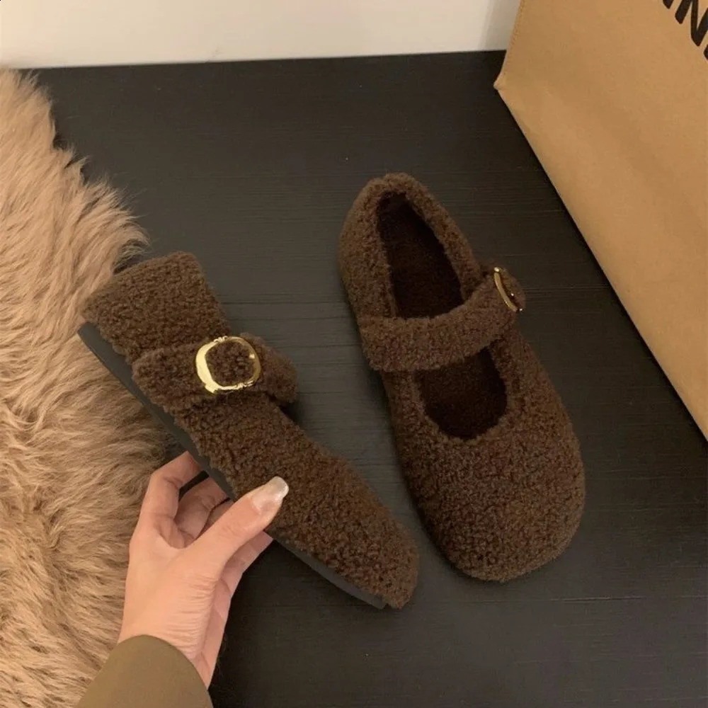 Fashion Square Toe Fleece Flet Ballet Flats Woman Winter Warm Wool Mary Jane Shoes Ladies Elegant Plush Loafers 251013