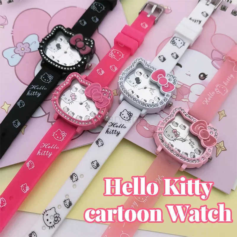 Sanrio 2025 New Hello Kitty Digital Quartz Watch Set Cat Head Cartoon Fashion Love Dial Leather Strap Children Clock Girl Birthday Gift L251020