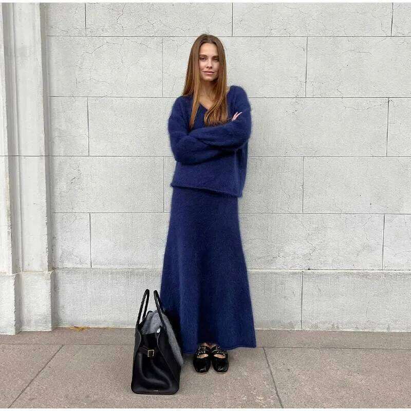 Fall V-Neck Tops Long Skirt Sets Women Fluffy Soft Mink Cashmere Sweater Suits Female Elegant Solid Warm Outfits Z002 251020 251020