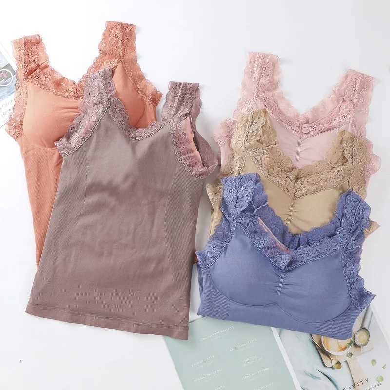 New AutumnWinter Lace Warm Tank Top VNeck Strap Bottom Coat With Plush and Thickened Cover Cup Warm UnderwearT251020