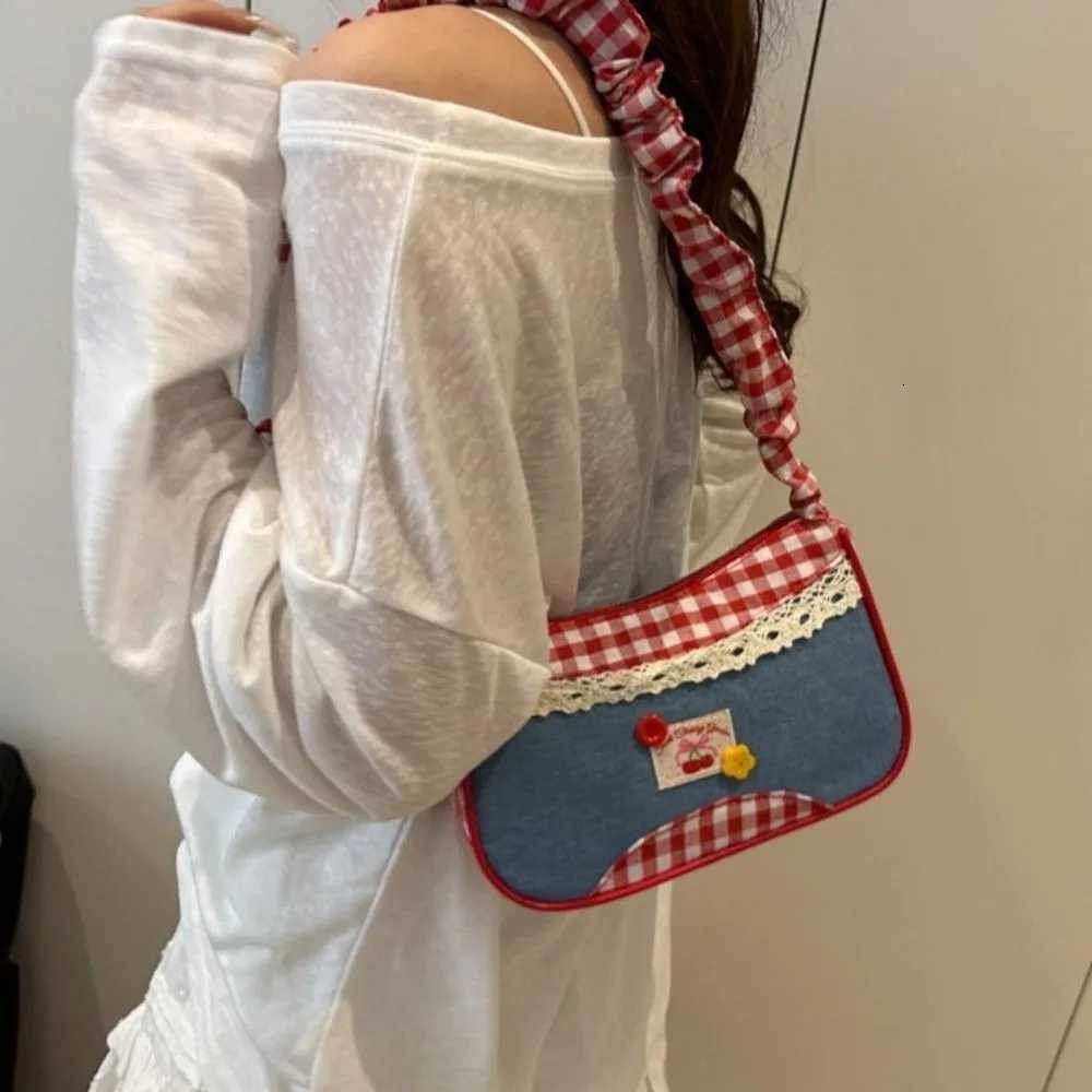 Portable Rural Style Lattice Shoulder Bag Plaid Bow Denim Underarm Bag Leisure Commuting Crossbody Bag TravelT251020