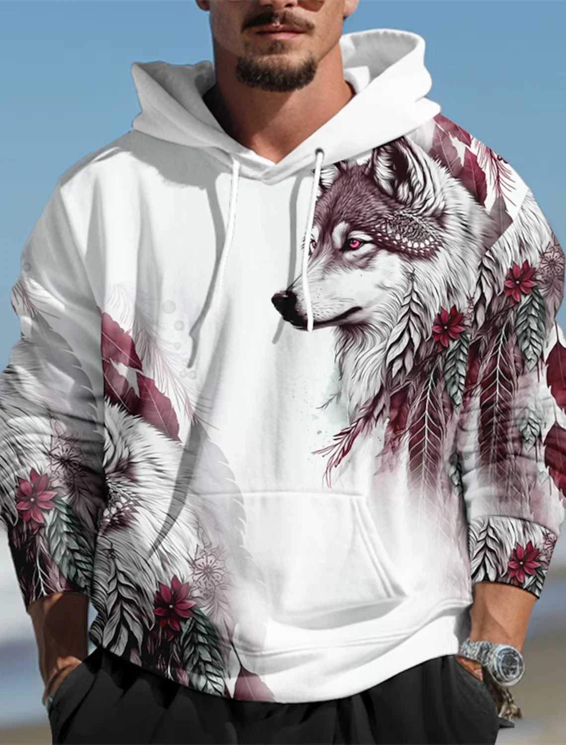 Wolf Graphic Mens 3D Print Pullover Streetwear Hoodies Dark Green Long Sleeve Hooded Spring Fall Designer Top W251020