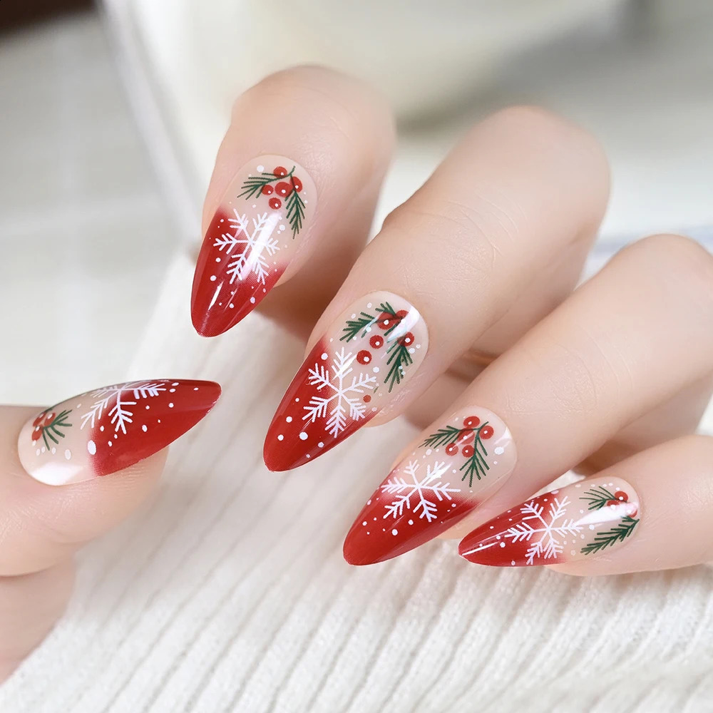 24pcs Christmas Press On Nails Almond French False Nail with Snowflake Holly Leaf Acrylic Full Cover Fake Nail Extension 251014