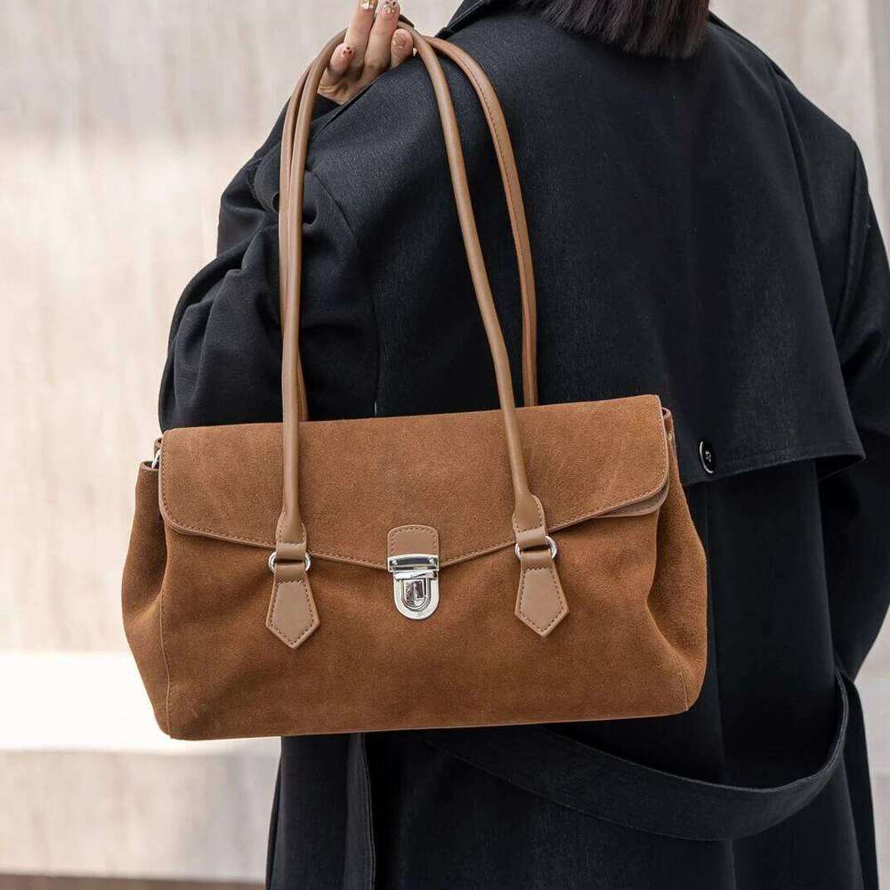 Suede Spliced Cowhide Women's Underarm New Niche Design Vintage Large Capacity Fashionable Handbag Shoulder Bag Suotong251020 Suotong1020