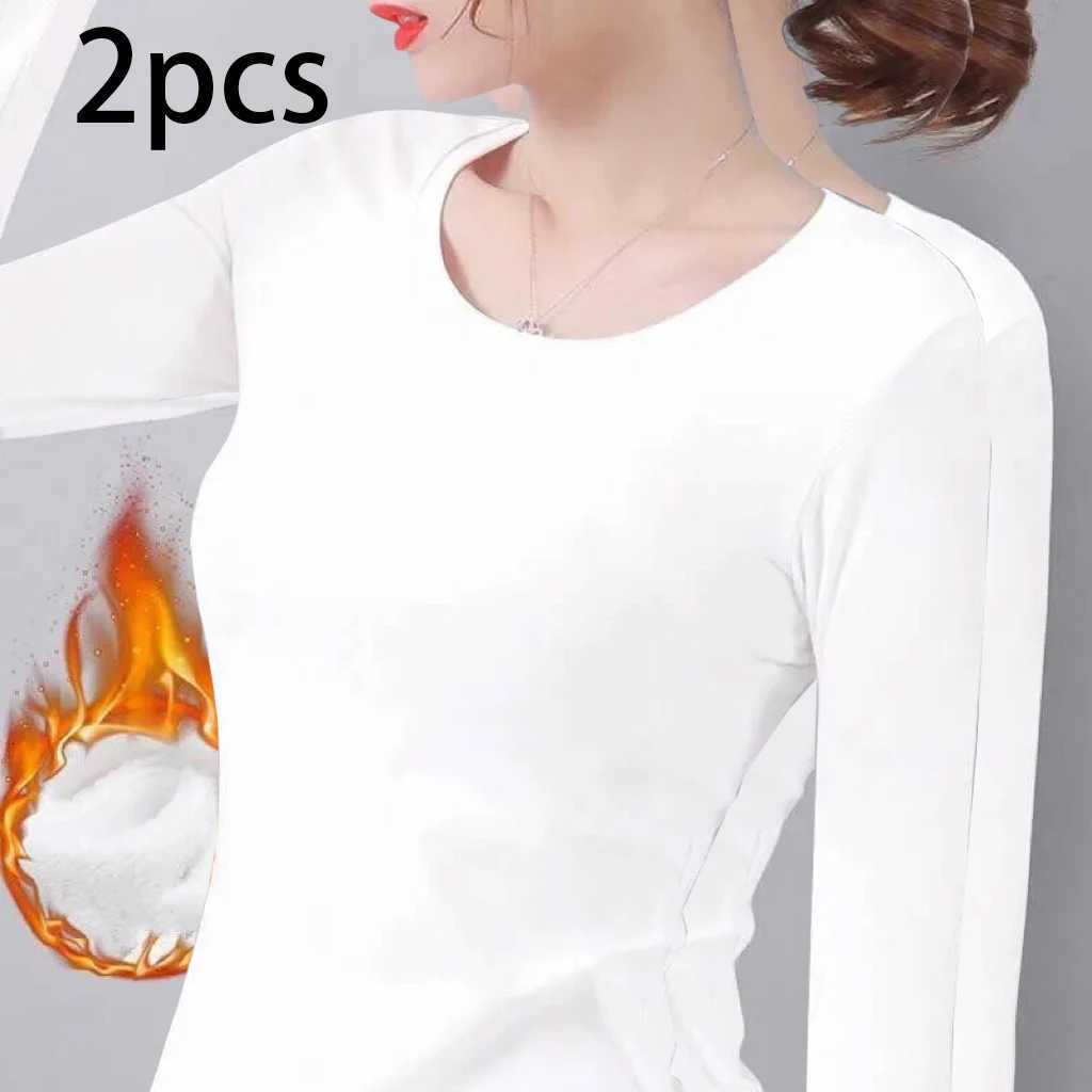 2pcs Women Autumn Winter Longsleeved Tshirt Lady Thermal Underwear Thick Velvet Slim Fit Fashion New Style Roundneck TopT251020