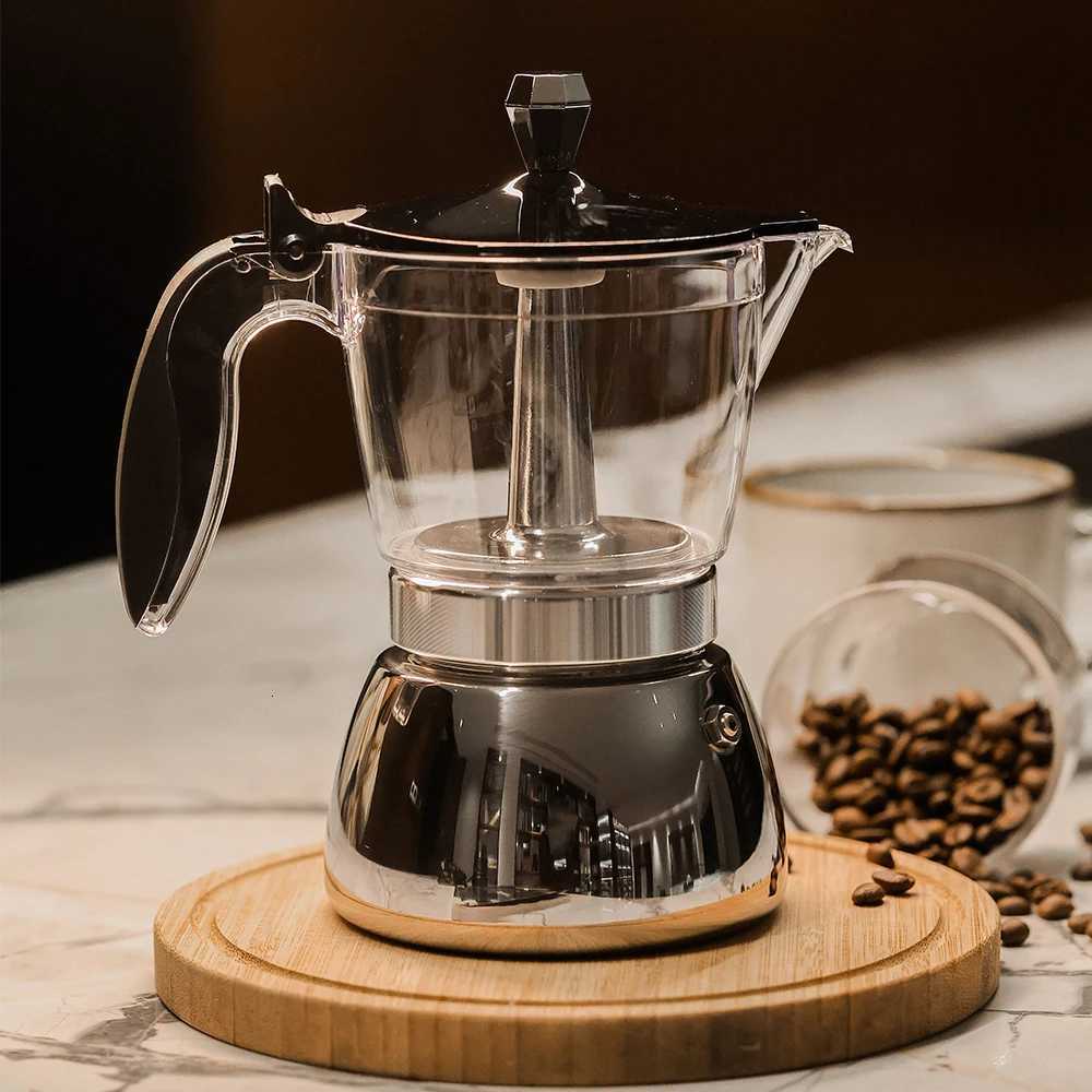 46 SeeThrough Stainless Moka Pot Unique Clear Resin Body 430 Base HeOffCamping Use Works on Induction Gas Y251020