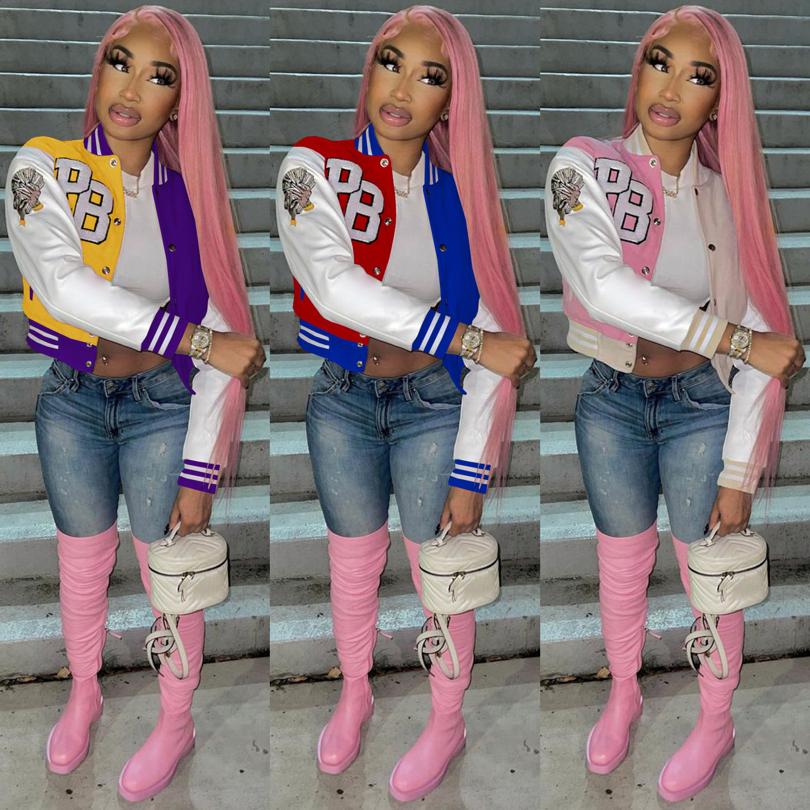 10080 womens fashion casual womens color matching jacket Baseball Jacket 250109