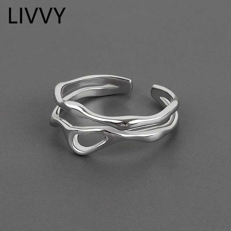 LIVVY Silver Color Irregular Hollow Double Line Geometric Ring Female Simple Unique Design Fashion Adjustable Jewelry J251020