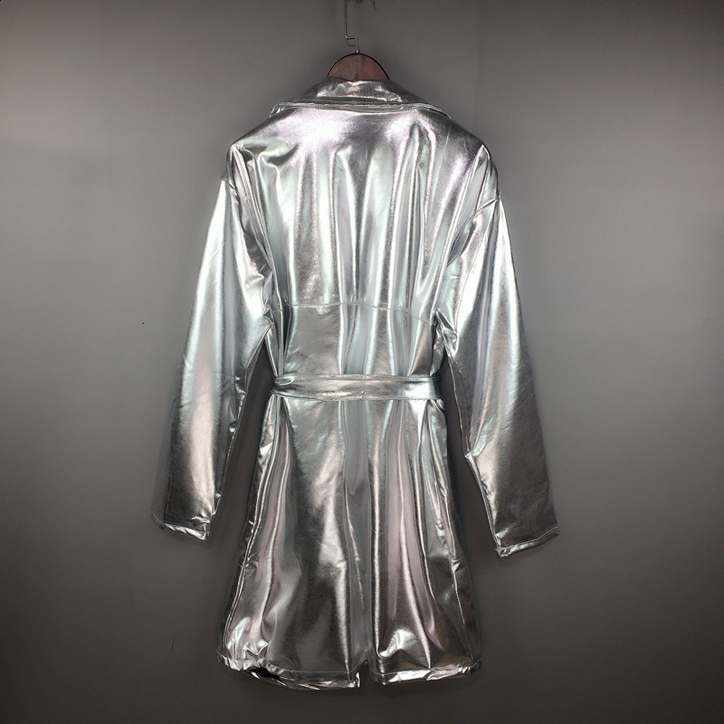 Women's Jackets Autumn Long Oversize Silver Leather Trench Coat Women Sleeve Lapel With Belt Stylish French Fashion Retro OverCoat 231205