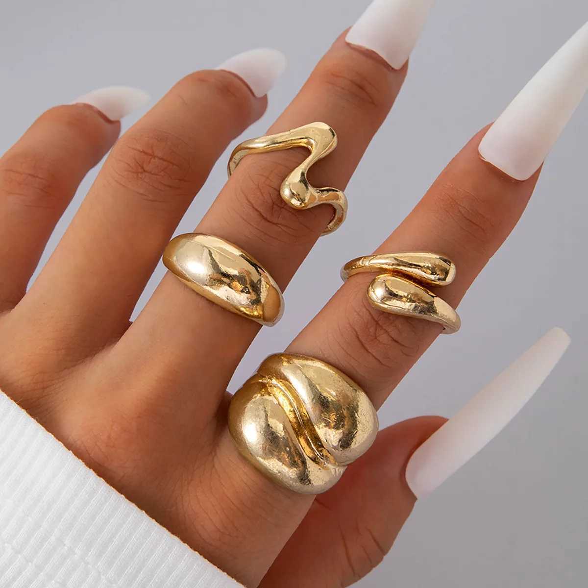 4PcsSet Fashion Gold Silver Color Irregular Geometric Open Rings For Women Men Punk Metal Adjustable Knuckle Joint Ring Jewelry J251020