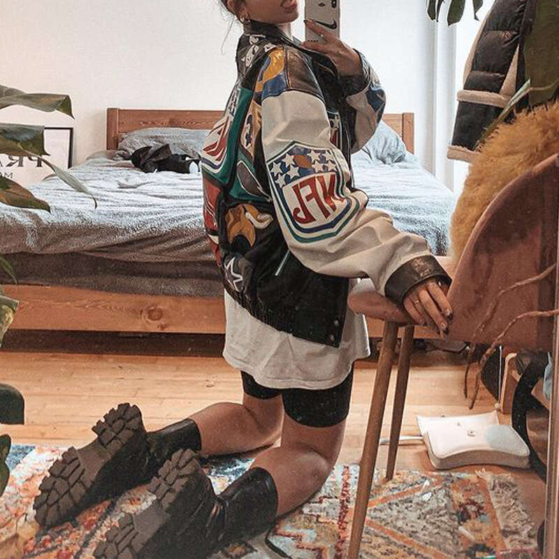 2022 Autumn Winter New Cross-Border Amazon Color Block Print Casual Loose Color Block Long Sleeve Trench Coat Jacket