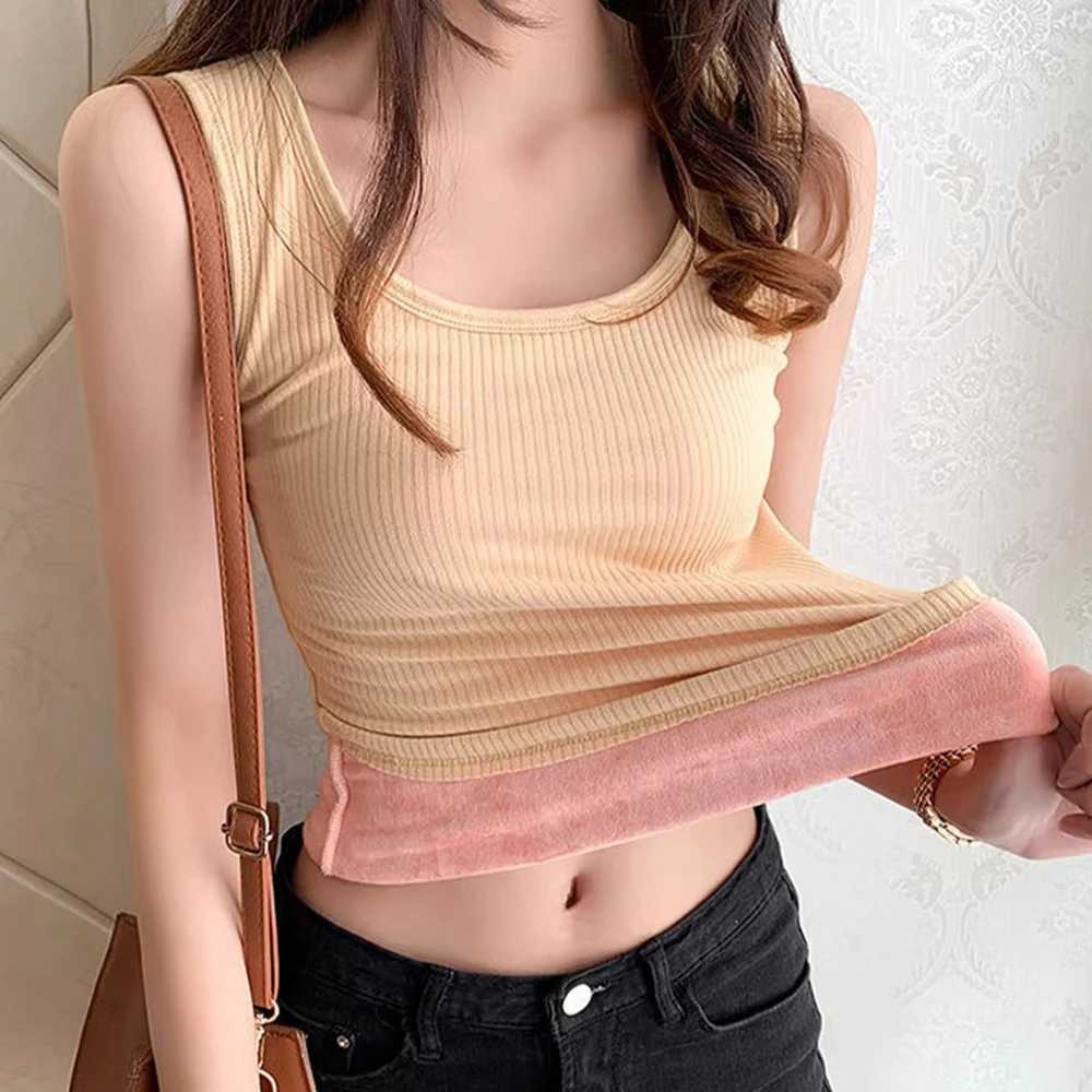 Women Plus Size Fleece Lined Tank Top Winter Thermal Underwear Thick Camisole Warm Velvet Vest Bottoming TopT251020
