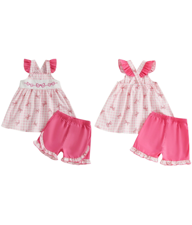 Toddler Little Girl Shorts Set Bow Baseball Plaid Flying Sleeve Babydoll Tops Ruffle Shorts 2 Piece Outfit 250617