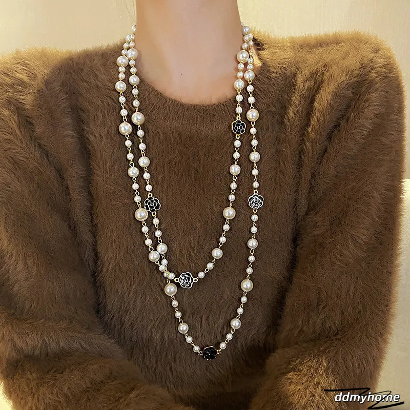 Elegant Long Necklace With Camellia Flower And Pearl Accents - Double Layer Fashion Jewelry For Women Ddmyhome