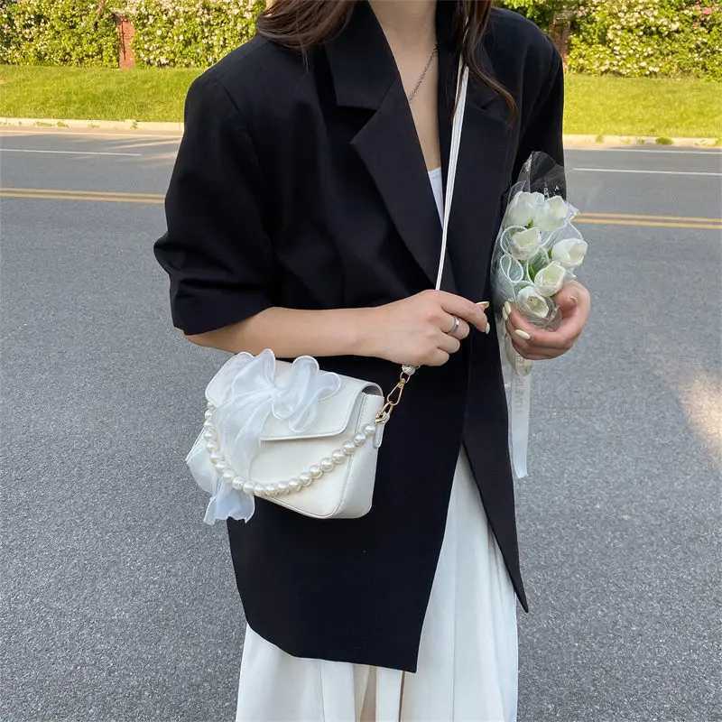 Pearl Lace Bow Collocation PU Leather Small Bags for Women Daily Use Handbag Shoulder Cross Body Bags Teen Girls Phone PouchT251020