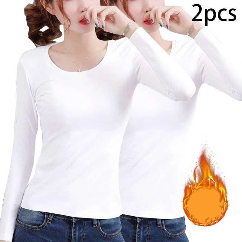 2pcs Women Autumn Winter Longsleeved Tshirt Lady Thermal Underwear Thick Velvet Slim Fit Fashion New Style Roundneck TopT251020