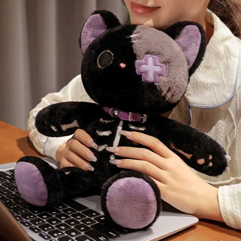 Kawaii Black Skeleton Cat Plush Toy Creative Stuffed Animal Fluffly Gothic Skull Kitten for Kids Halloween Gifts J251020
