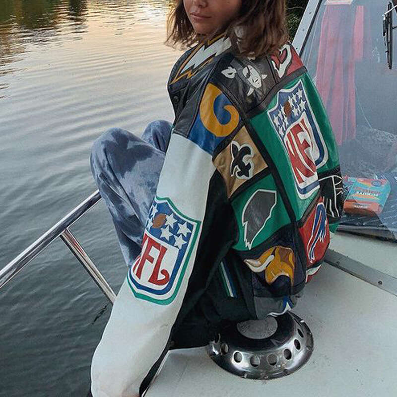 2022 Autumn Winter New Cross-Border Amazon Color Block Print Casual Loose Color Block Long Sleeve Trench Coat Jacket