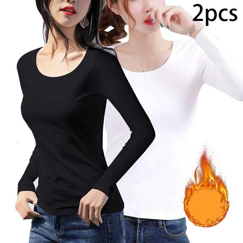 2pcs Women Autumn Winter Longsleeved Tshirt Lady Thermal Underwear Thick Velvet Slim Fit Fashion New Style Roundneck TopT251020